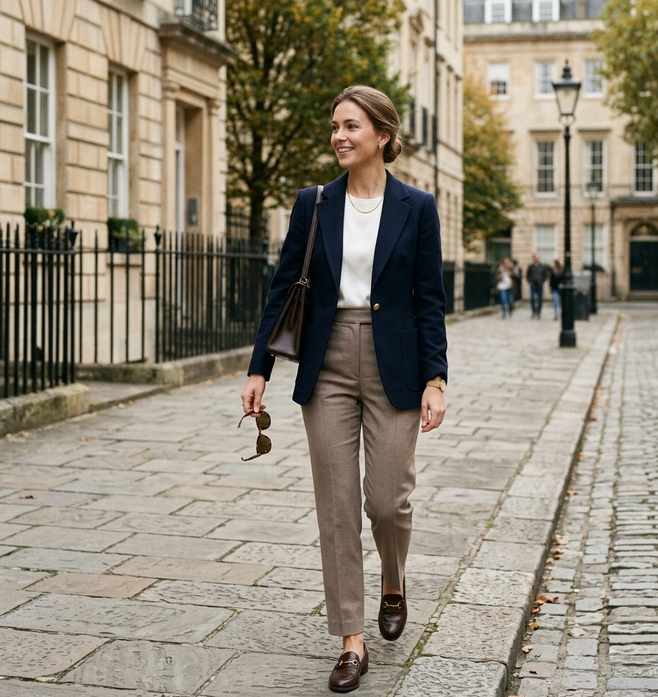 old money outfits women navy blazer tailored trousers