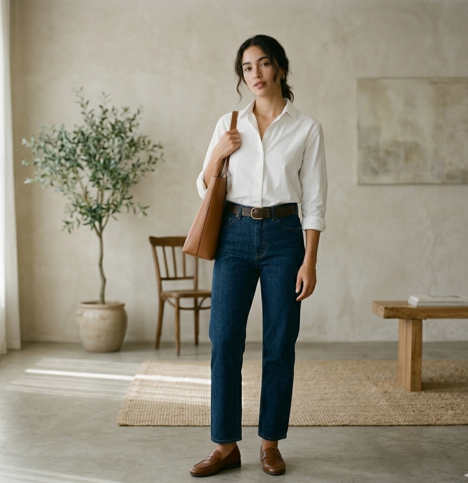 quiet luxury outfits women white shirt and jeans