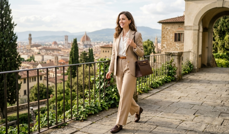 old money outfits women with beige blazer and tailored trousers