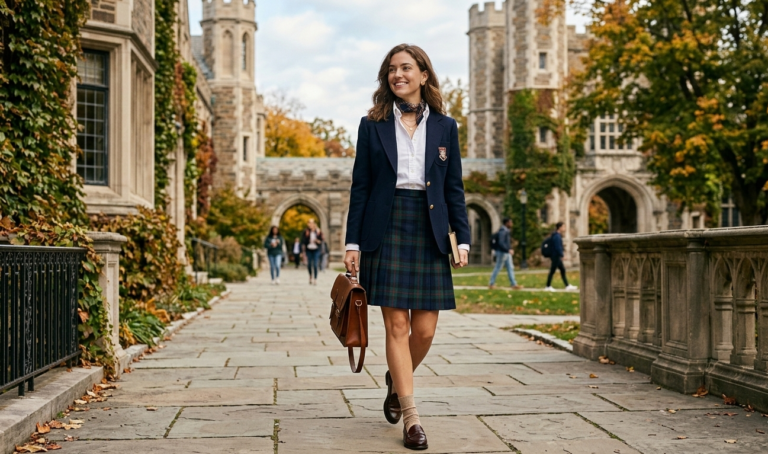 Classic preppy outfit with blazer, pleated skirt, and loafers