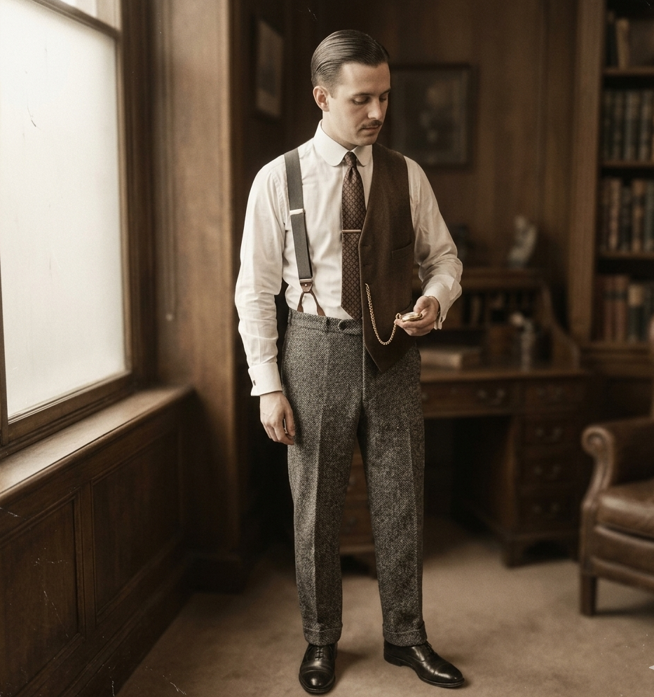 1920s men's suspenders pocket watch outfit