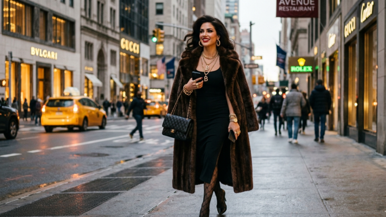 mob wife aesthetic outfits fur coat and black dress