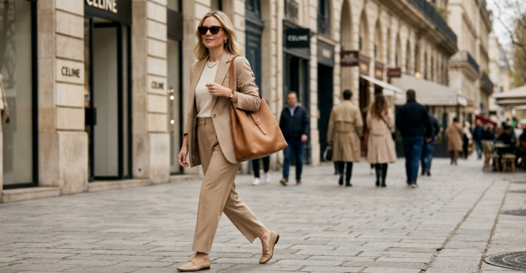 quiet luxury outfits women beige blazer and tailored trousers