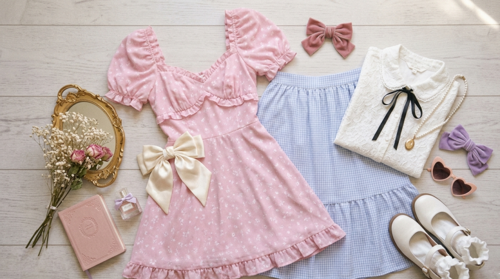 Delicate accessories including bows, pearls, and mini handbags.