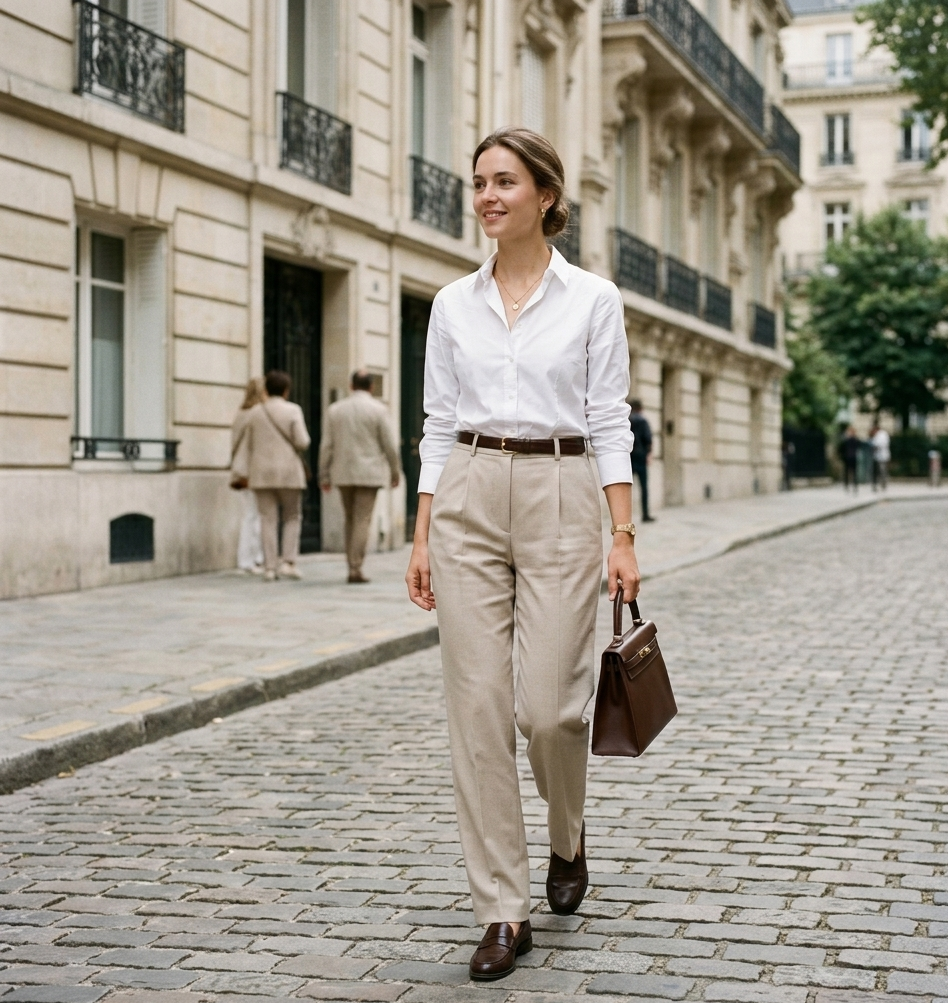 old money outfits women white shirt high waisted trousers