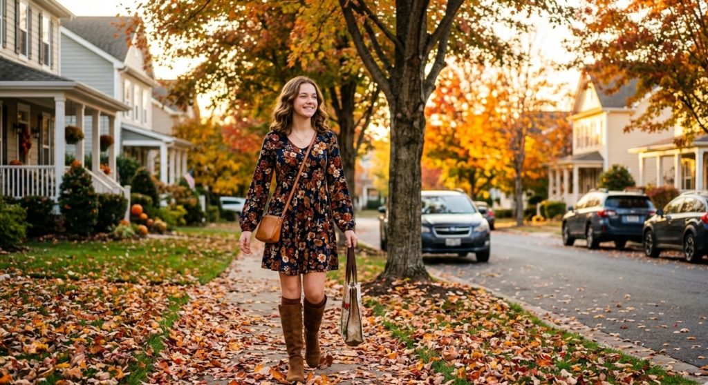 Floral fall dress styled with knee-high boots for girls