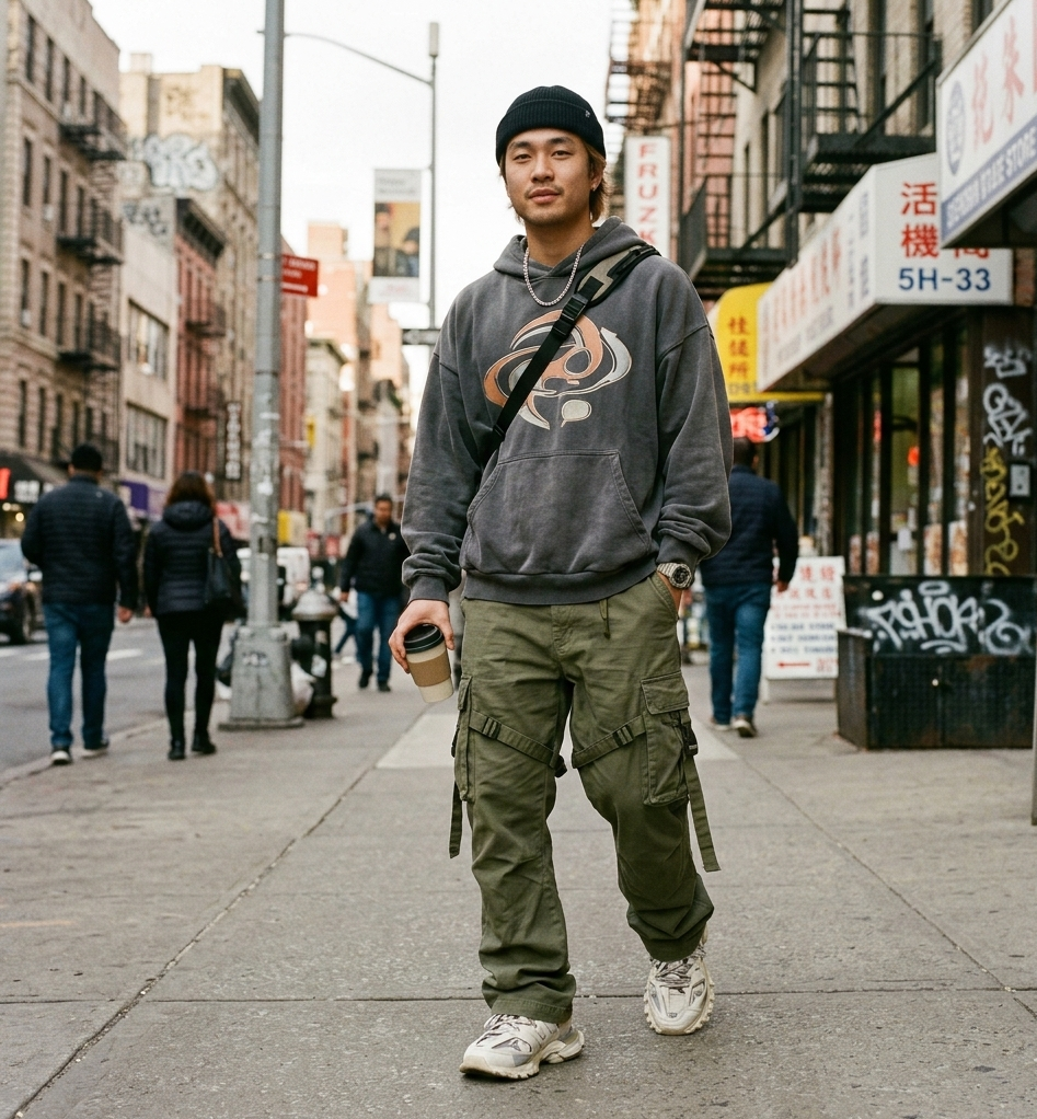 cargo pants and oversized hoodie Y2K streetwear outfit men