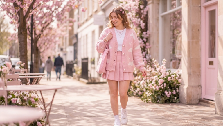 soft girl aesthetic outfits pastel cardigan and pleated skirt