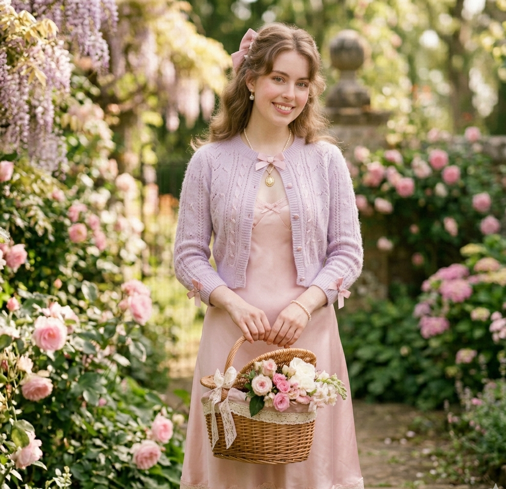 coquette aesthetic outfits satin dress cardigan