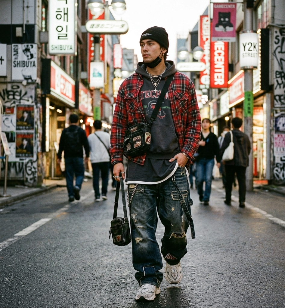 layered Y2K streetwear outfit men