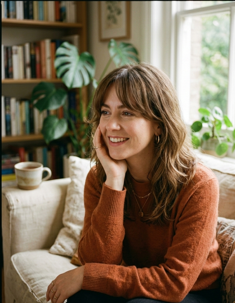 Medium layered haircut with curtain bangs