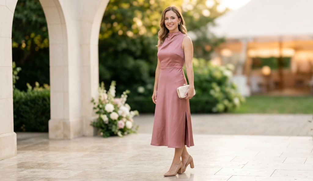 elegant wedding guest outfit ideas for women midi dress