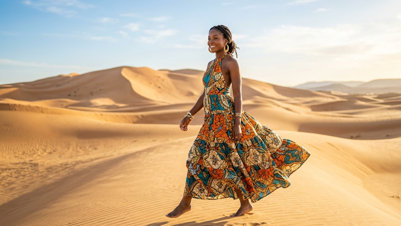 A woman in a tiered Ankara maxi dress walking in the desert, a key look for Afro-Bohemian outfit ideas.