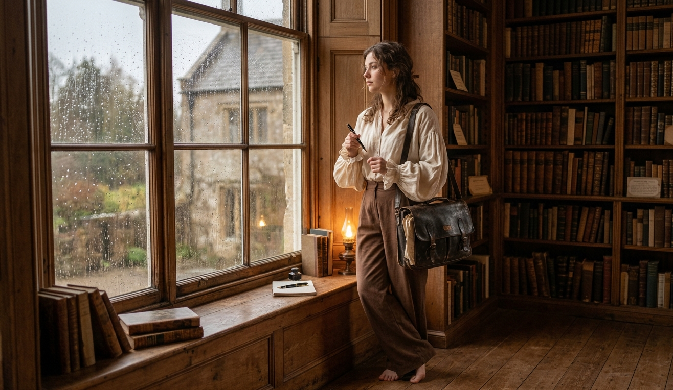 A woman embodying the Poetcore aesthetic wearing a ruffled linen blouse and brown trousers, holding a fountain pen near a library window.