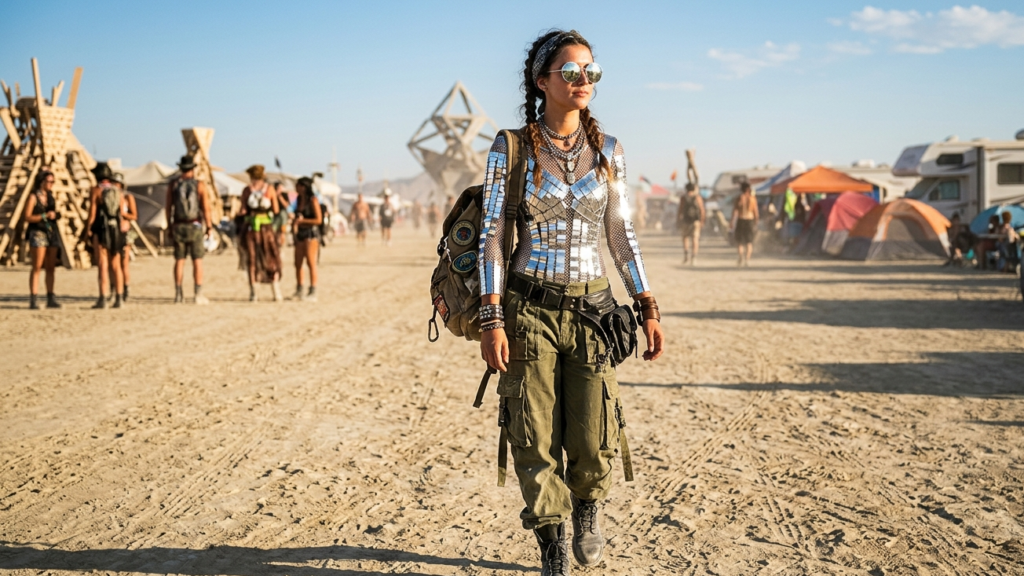 coachella outfit ideas for women metallic top cargo pants