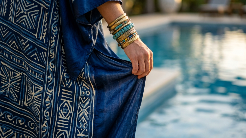A detailed close-up of indigo Adire silk fabric, stacked brass bangles, and a luxurious resort pool setting.