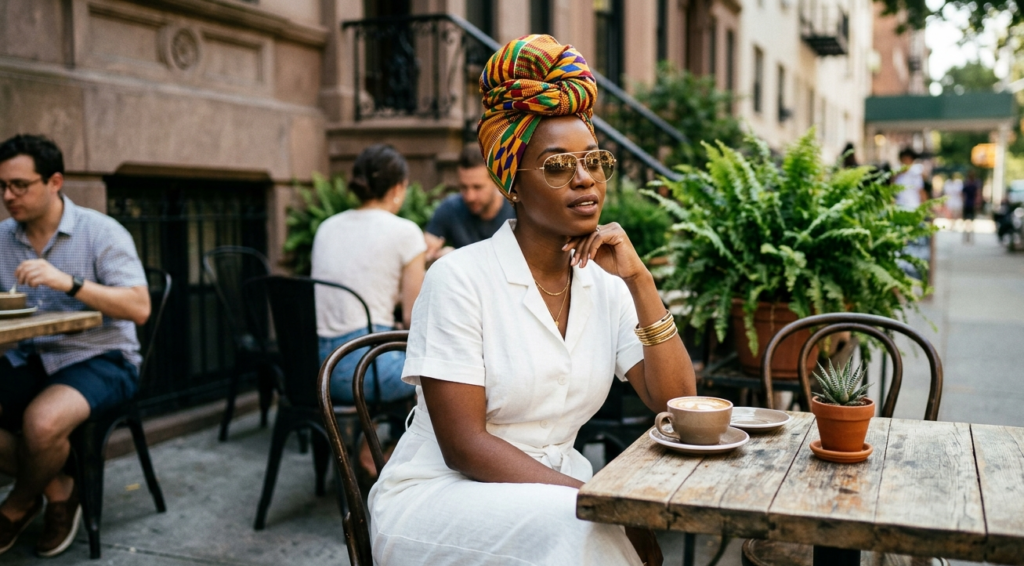 A woman at an urban cafe wearing a crisp white linen jumpsuit and a vibrant Kente cloth Ankara headwrap, defining Afro-Bohemian turban glamour.
