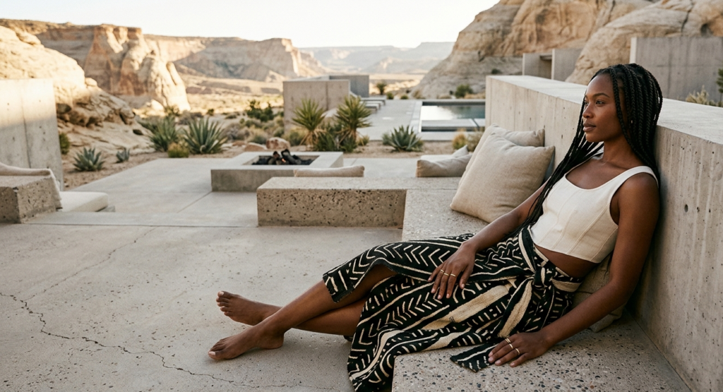 A minimalist and sophisticated outfit featuring a Bogolan mudcloth wrap skirt and neutral linen top, perfect for a high-end desert vacation.