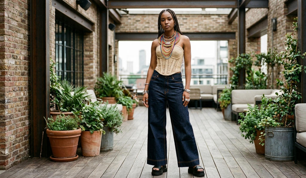 A unique Afro-Bohemian outfit idea featuring raw denim pants and a structured raffia corset,Accessorized with beaded Maasai necklaces.