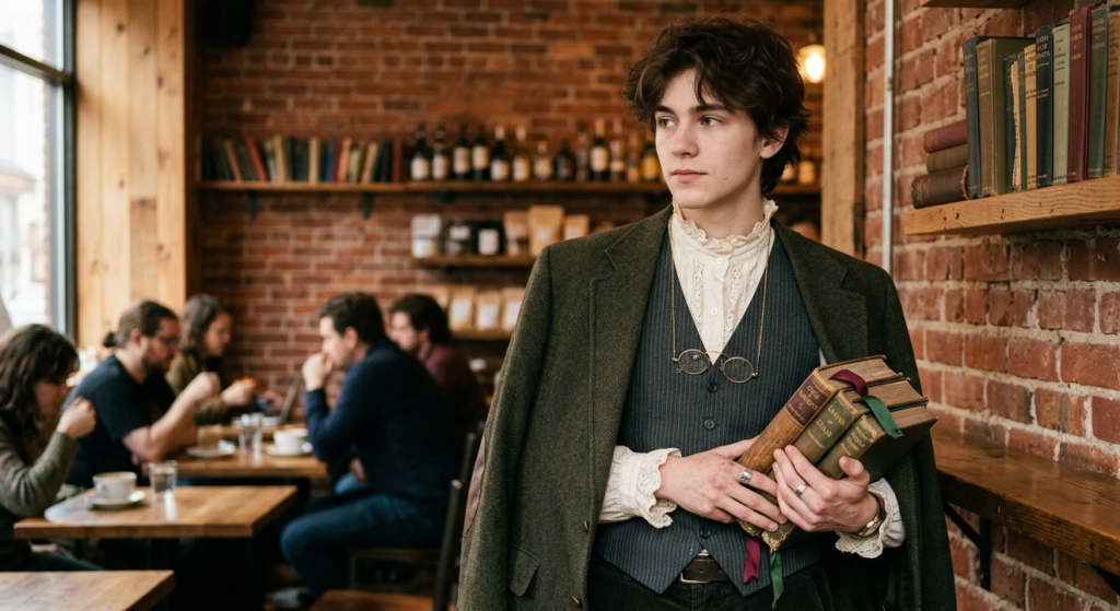 A person in a pinstripe waistcoat, ruffled blouse, and oversized tweed blazer holding vintage books in a cozy coffee shop setting.