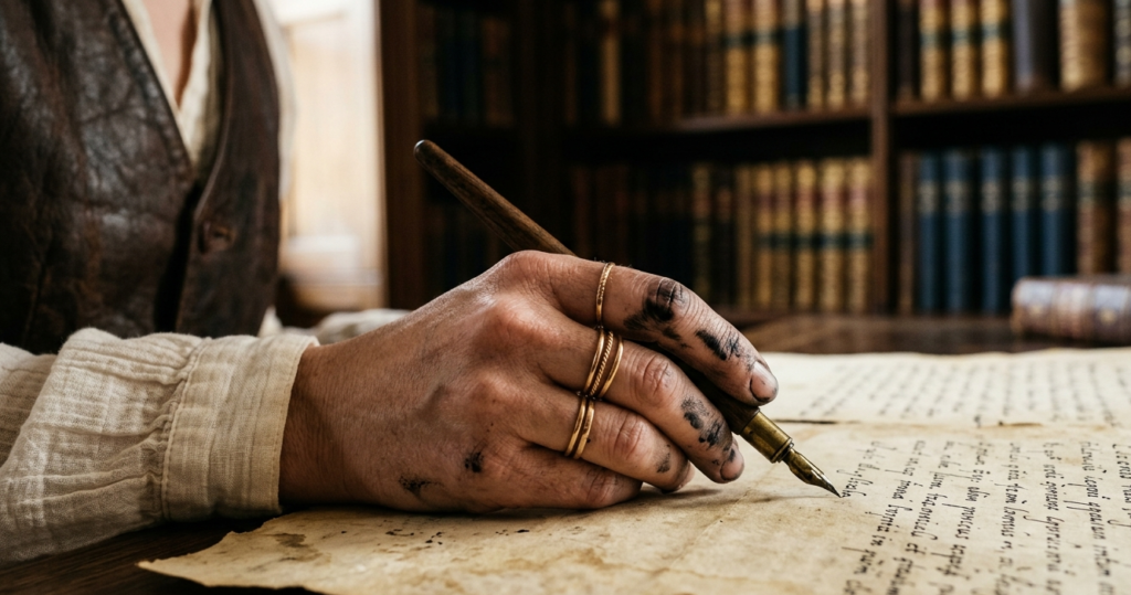 A macro close-up of ink-stained fingers holding a vintage fountain pen on parchment paper, featuring stacking gold rings and a leather waistcoat.