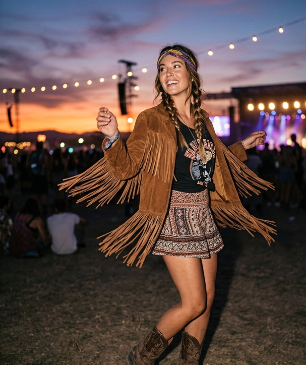 coachella outfit ideas for women fringe jacket outfit